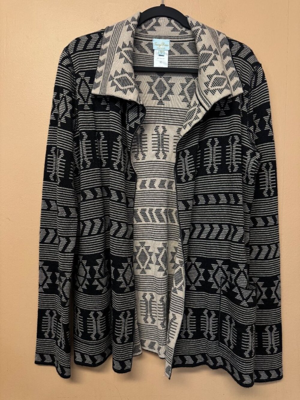 Tracy Reese Alpaca Cardigan M Black Cream Southwestern Geometric Open Front Boho